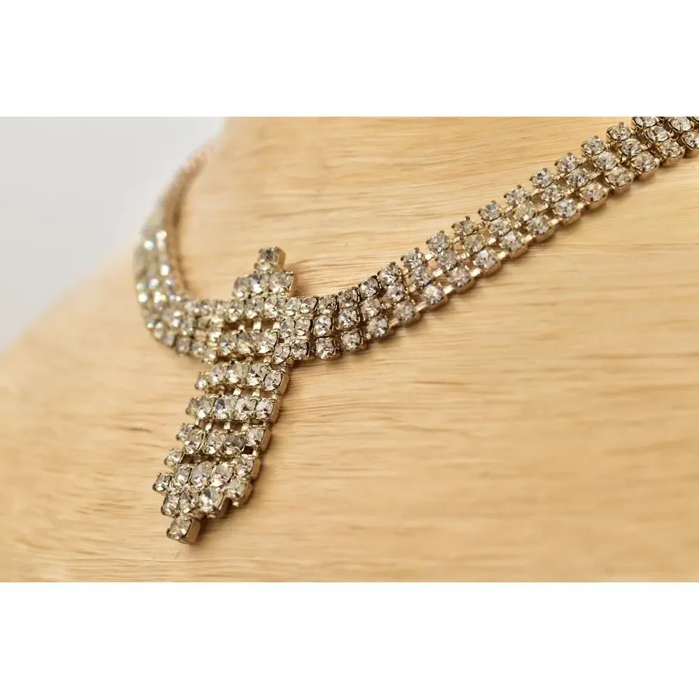 Vintage Crystal Collar Choker Necklace Rhinestone Silver Chunky Glam 1980s BinBJ